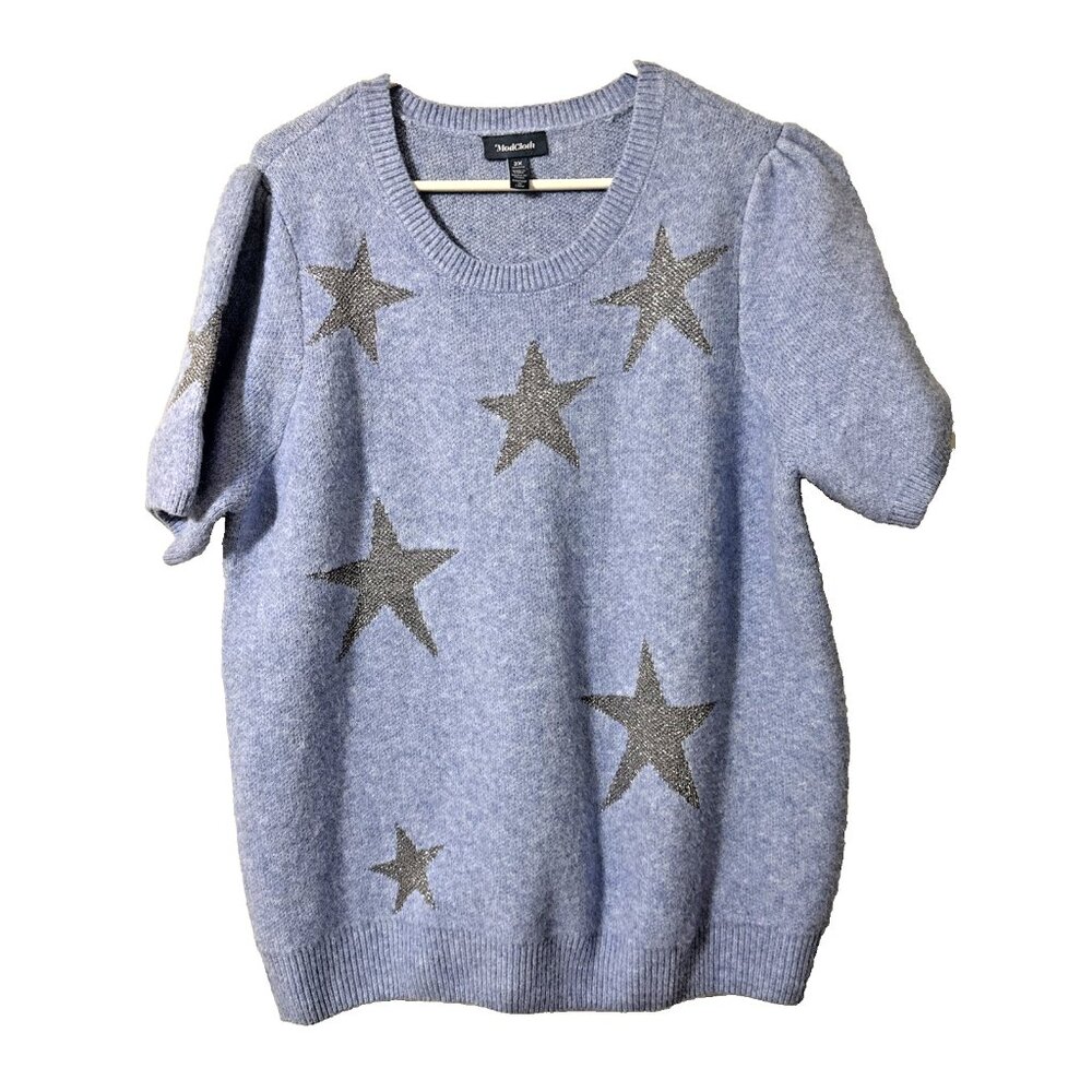 Modcloth Blue Sweater with Silver Stars Short Sleeve Pullover Size 2X